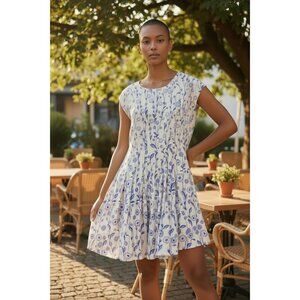 Agua by Agua Bendita Mini Party Dress Pearl Clusters Linen Blue White Size L